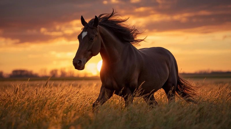 Pferd galoppiert frei über eine Wiese im Abendlicht