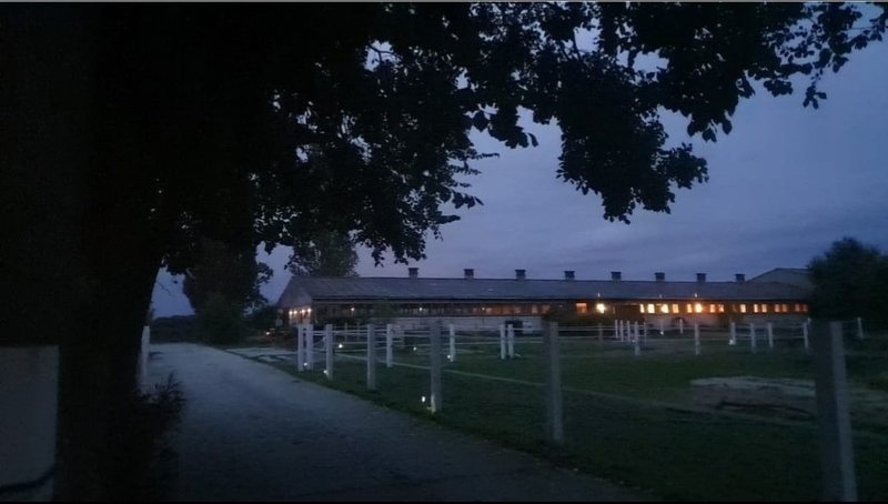 Stallgebäude mit beleuchteten Fenstern in der Abenddämmerung – Termine nach Vereinbarung bei Ihnen vor Ort
